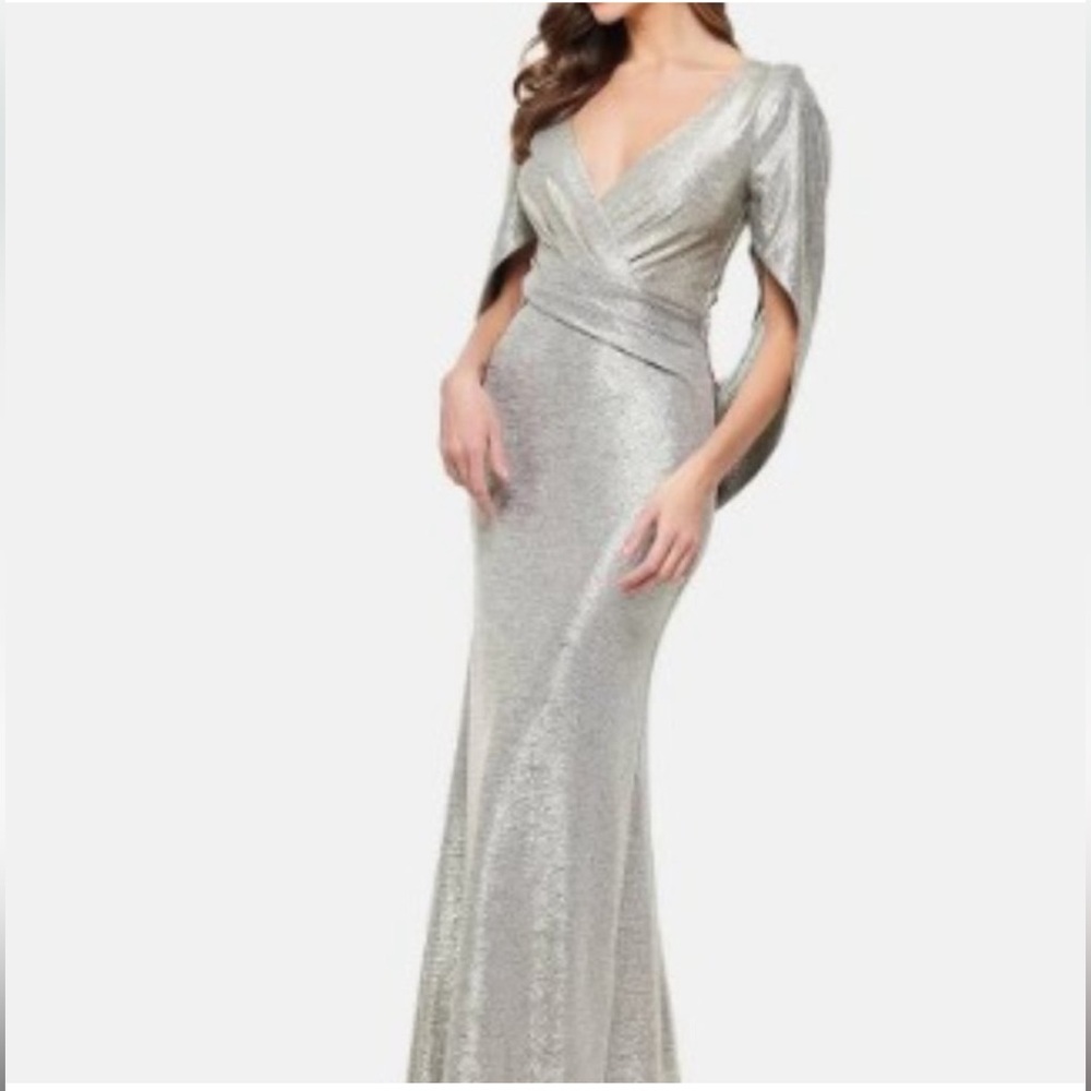 Betsy & Adam Metallic Cape-Sleeve Gown- Size 6